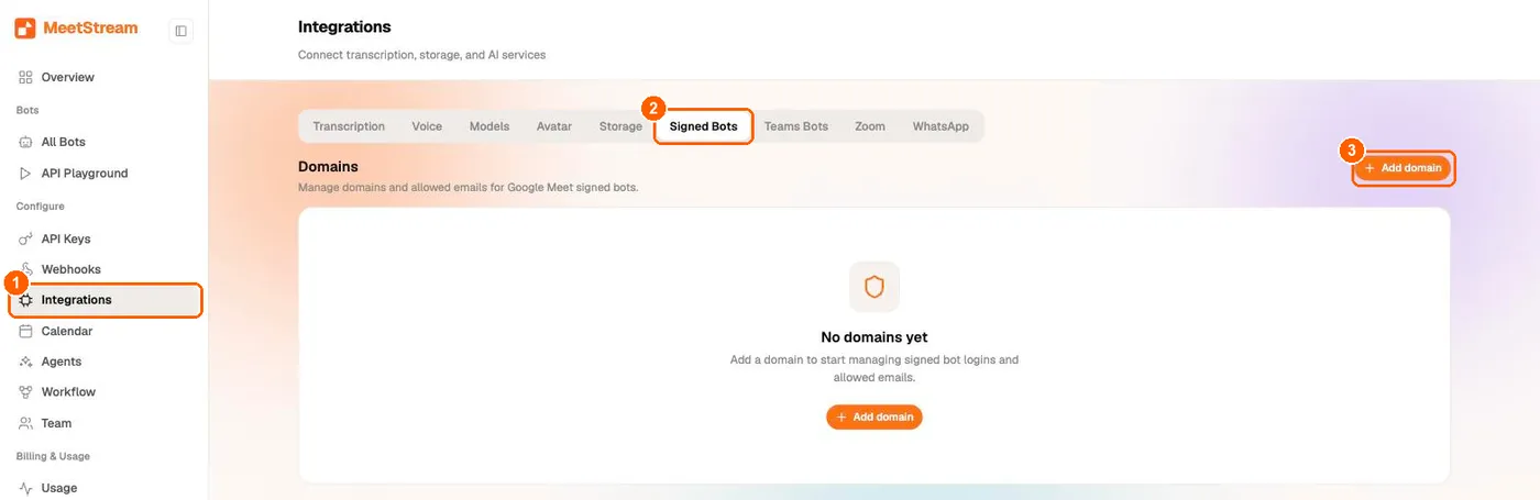 MeetStream dashboard Integrations page with the Signed Bots tab selected and the Add domain button highlighted