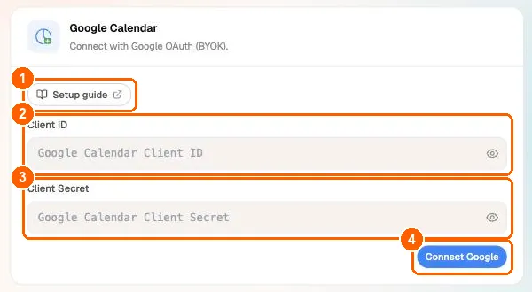 Google Calendar card with the Setup guide link, Client ID and Client Secret fields, and the Connect Google button highlighted