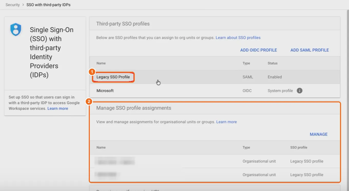 Google Admin SSO with third-party IdPs page showing the Legacy SSO Profile row and the Manage SSO profile assignments section