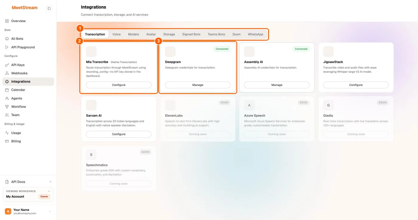Integrations page on the Transcription tab with the tab bar, the Mia Transcribe card and a Deepgram card marked Connected highlighted