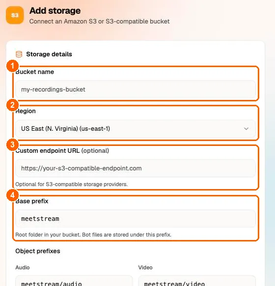 Amazon S3 storage details form