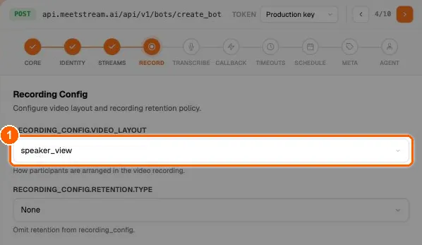 API Playground bot builder on the Record step with the recording_config.video_layout dropdown highlighted