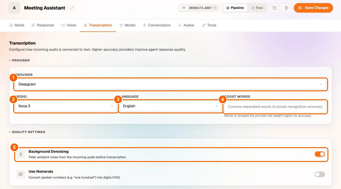 Agent Transcription tab with provider, model, language, boost words and denoising highlighted