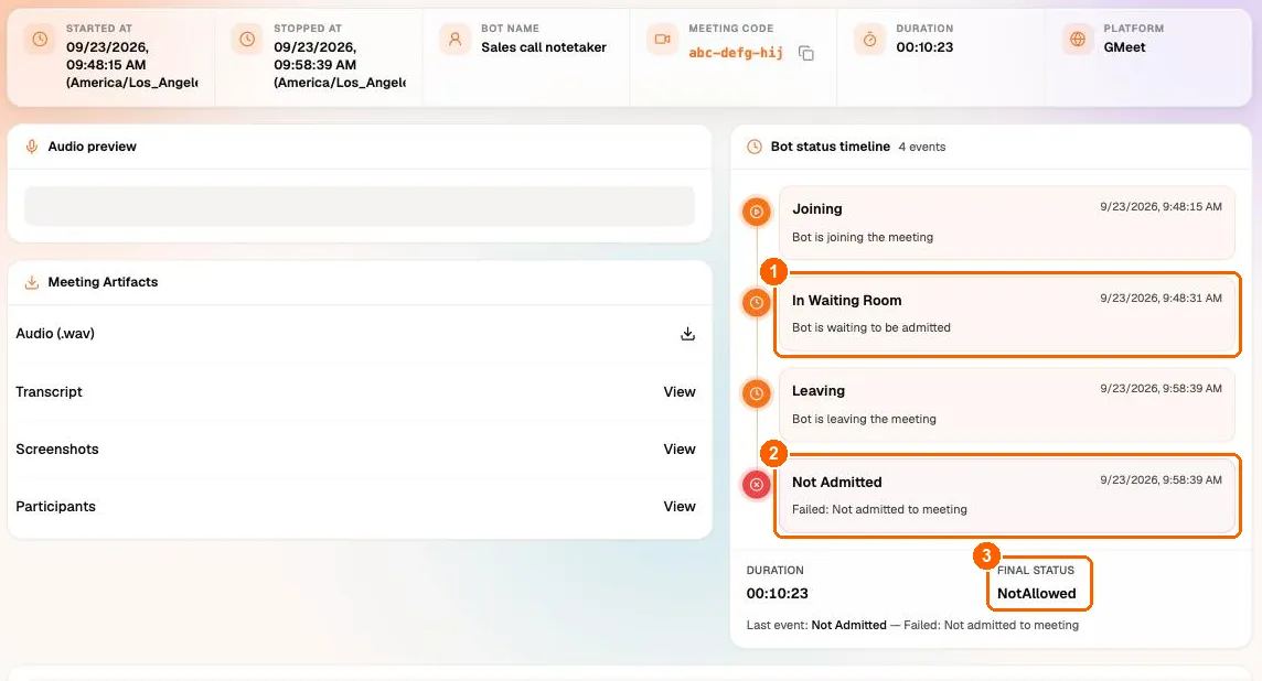 MeetStream bot detail for a Google Meet bot showing In Waiting Room, Leaving and Not Admitted in the status timeline, with final status NotAllowed