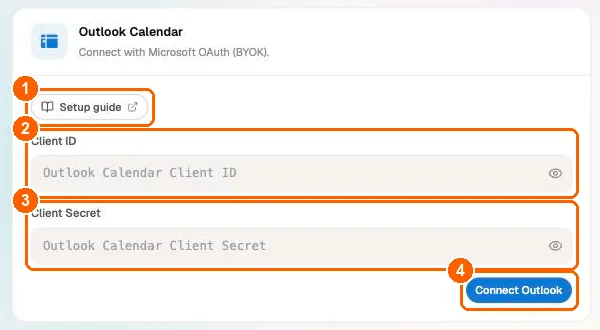 Outlook Calendar card with the Setup guide link, Client ID and Client Secret fields, and the Connect Outlook button highlighted
