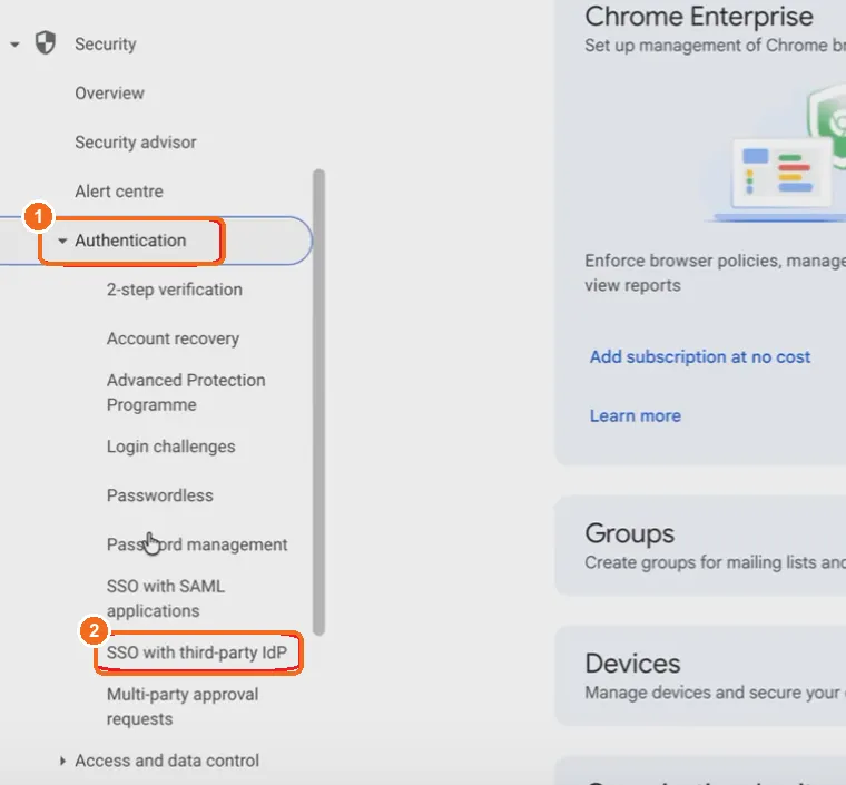 Google Admin console left menu with Authentication expanded and SSO with third-party IdP highlighted