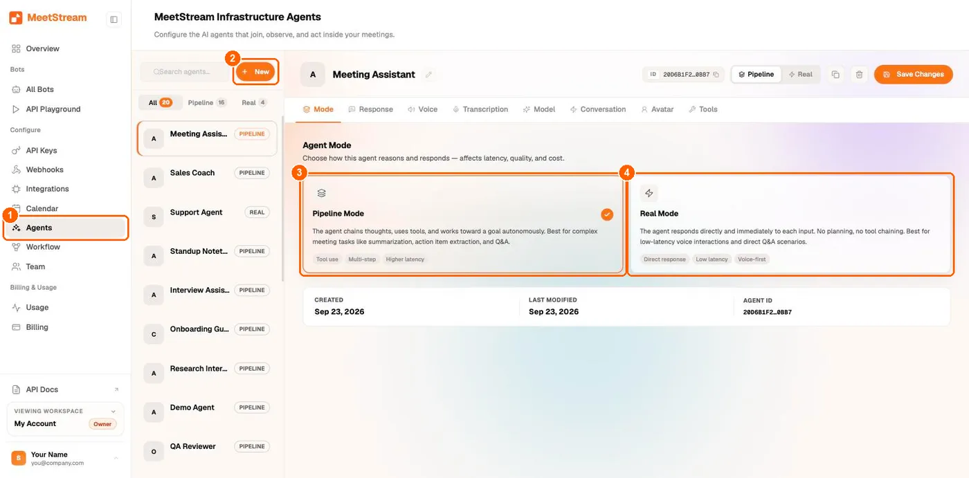 MeetStream dashboard Agents page with the Agents menu item, New button, Pipeline Mode card and Real Mode card highlighted