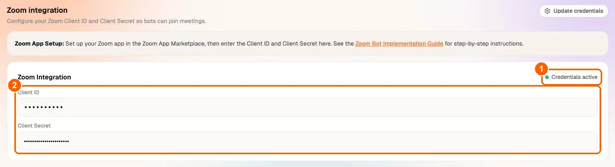 Zoom Integration card with the Credentials active indicator and the masked Client ID and Client Secret fields highlighted