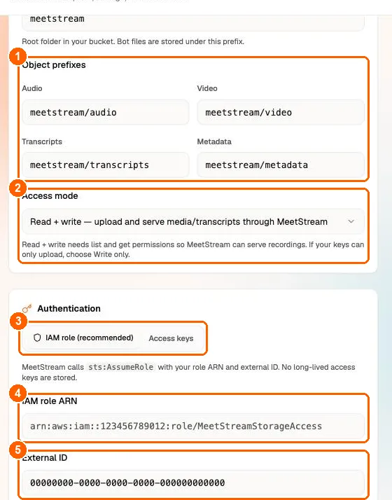 Amazon S3 prefixes, access mode, and IAM role fields