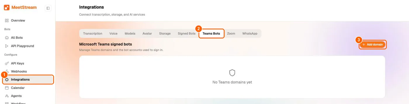 MeetStream dashboard Integrations page with the Teams Bots tab selected, showing No Teams domains yet and the Add domain button