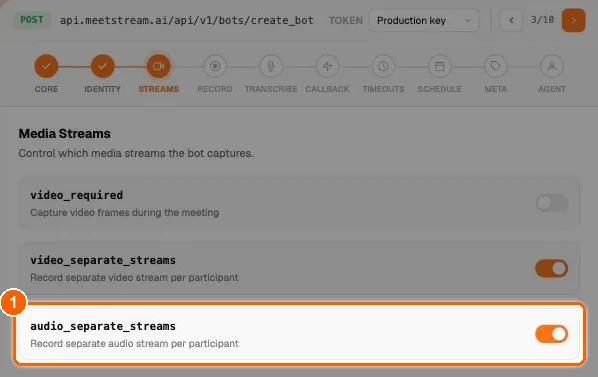 API Playground bot builder on the Streams step with the audio_separate_streams toggle highlighted