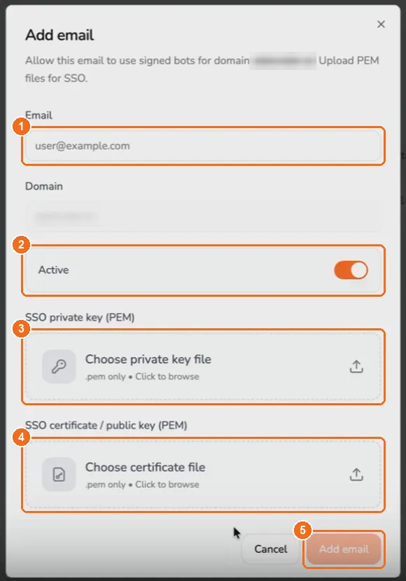 MeetStream Add email dialog with fields for the email address, an Active switch, and PEM uploads for the SSO private key and SSO certificate