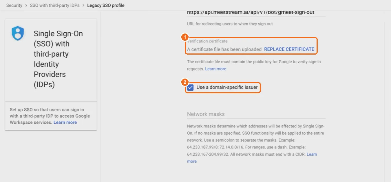 Google Admin Legacy SSO profile page with the verification certificate uploaded and Use a domain-specific issuer checked