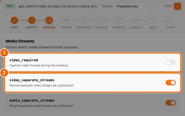 API Playground bot builder on the Streams step with the video_required and video_separate_streams toggles highlighted