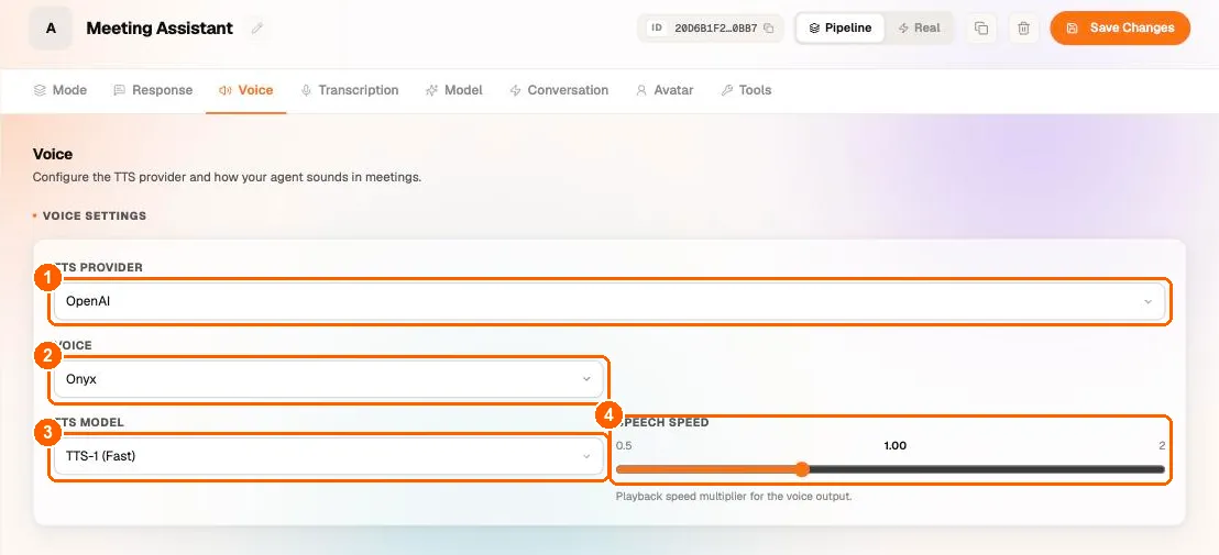 Agent Voice tab with the TTS provider, voice, TTS model and speech speed controls highlighted
