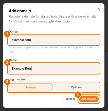 MeetStream Add domain dialog filled in with the domain example.com, the name Example Bots and Login mode Always