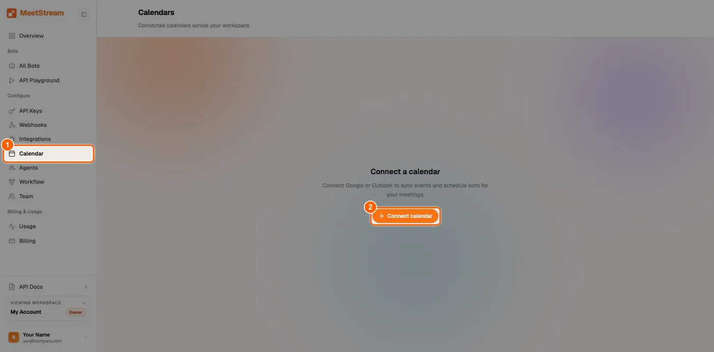 Calendars page with no connections, the Calendar sidebar item and the Connect calendar button highlighted