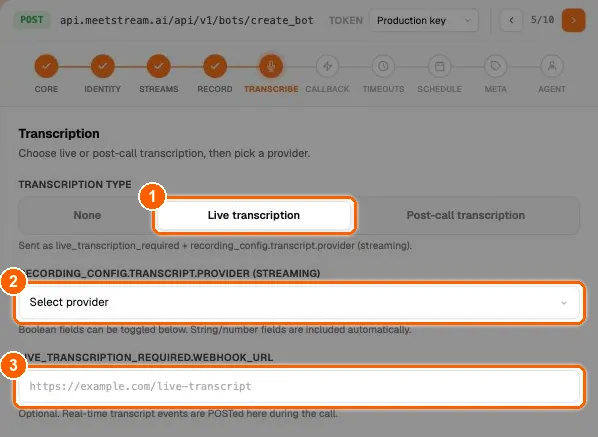 API Playground bot builder on the Transcribe step with Live transcription selected, and the streaming provider and webhook URL fields highlighted
