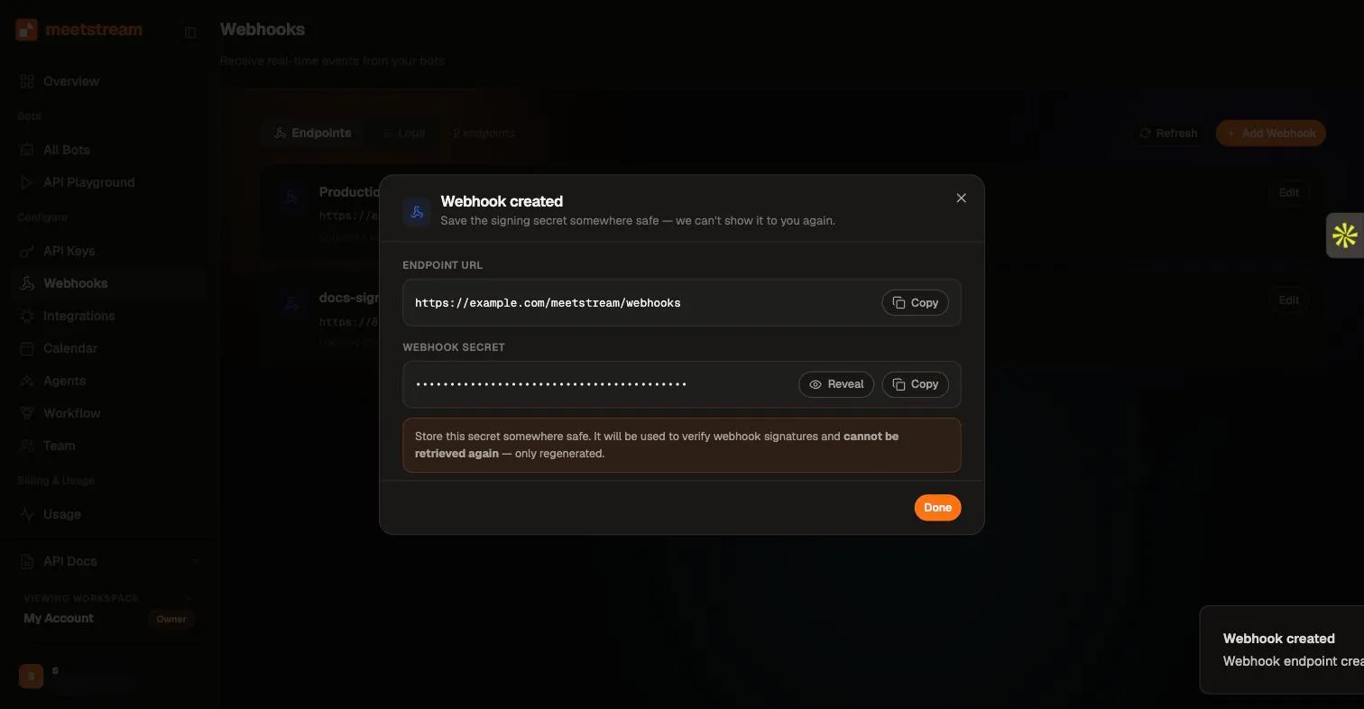 The endpoint-created dialog: the signing secret is displayed a single time
