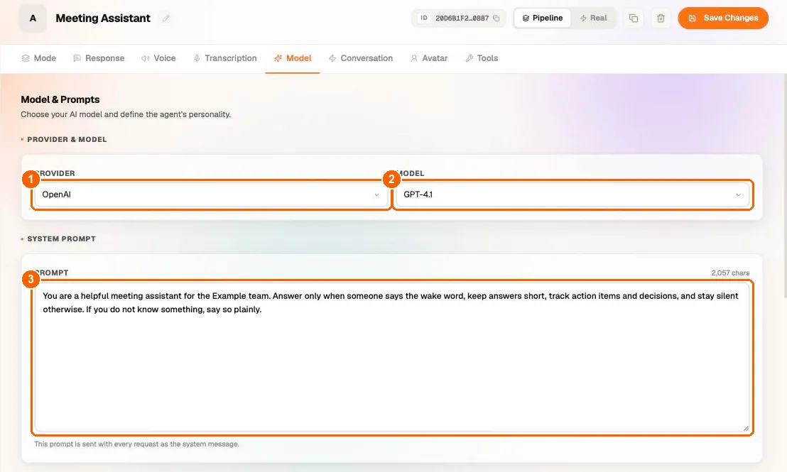 Agent Model tab with the provider, model and system prompt fields highlighted