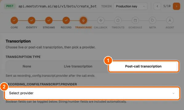 API Playground bot builder on the Transcribe step with Post-call transcription selected and the provider dropdown highlighted