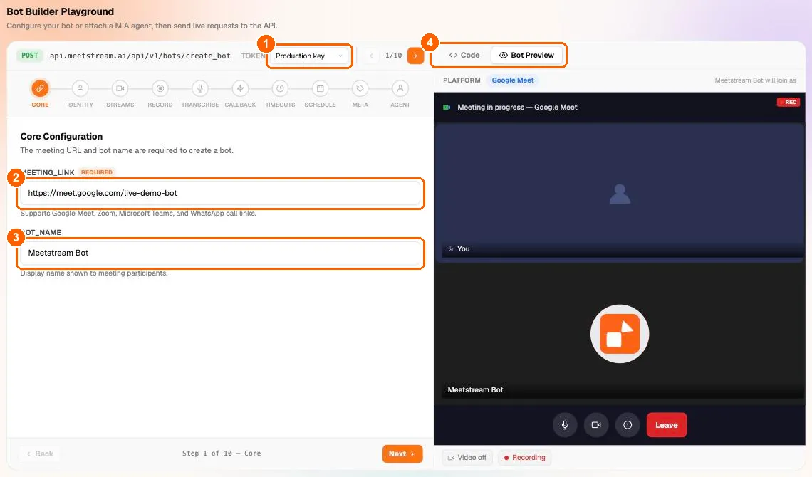 API Playground Core step with the token selector, meeting link and bot name highlighted