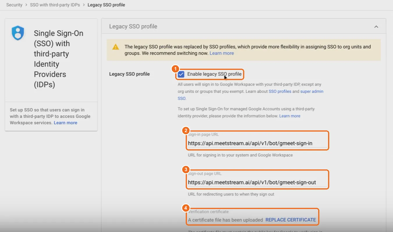 Google Admin Legacy SSO profile page with Enable legacy SSO profile checked and the MeetStream sign-in and sign-out URLs entered