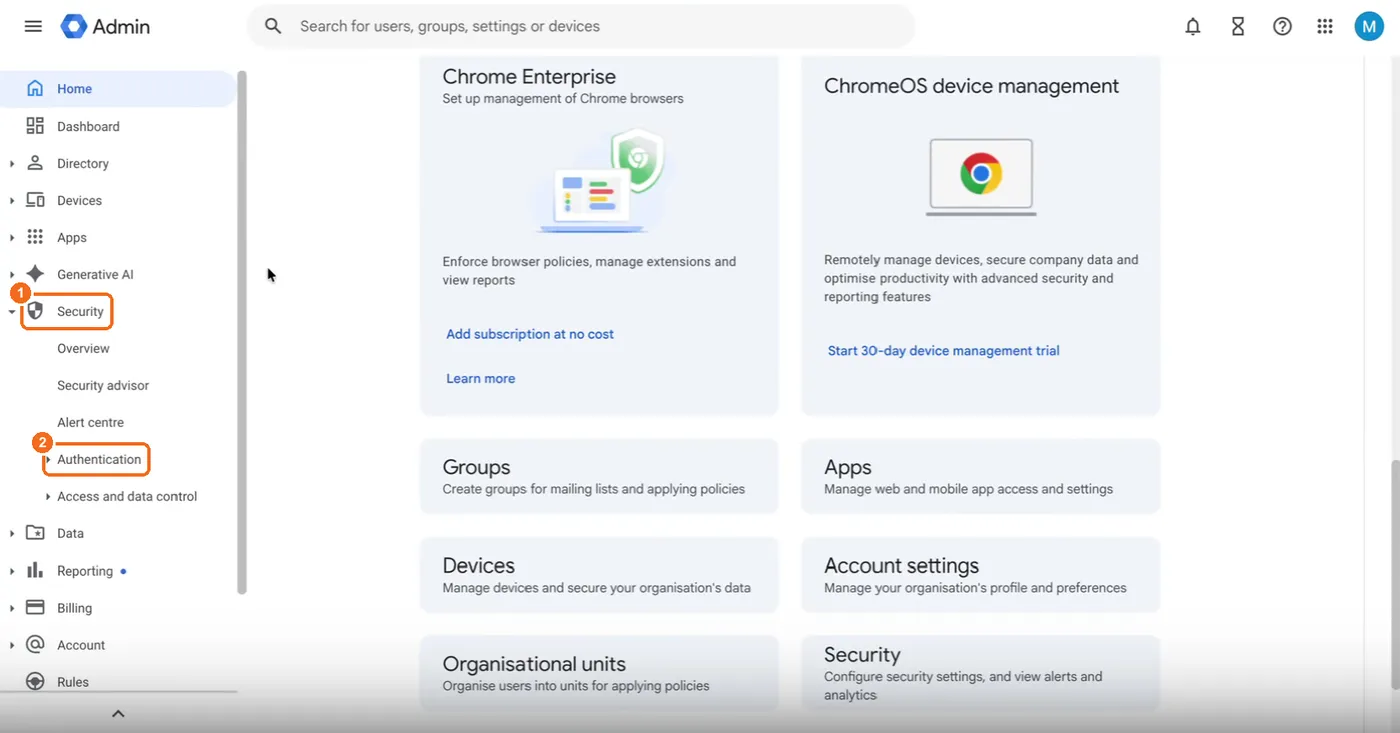 Google Admin console home with Security and Authentication highlighted in the left menu