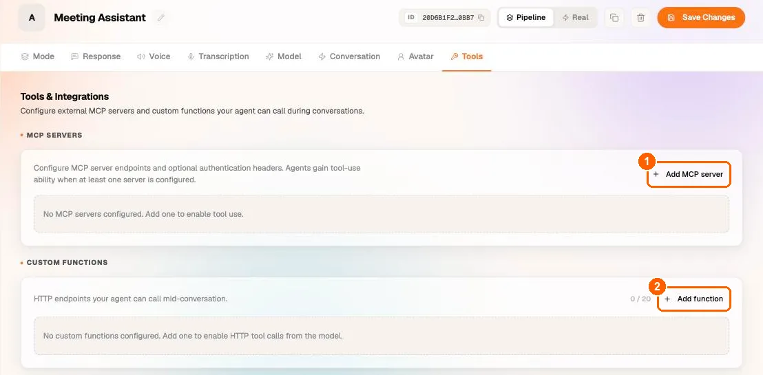 Agent Tools tab with the Add MCP server and Add function buttons highlighted